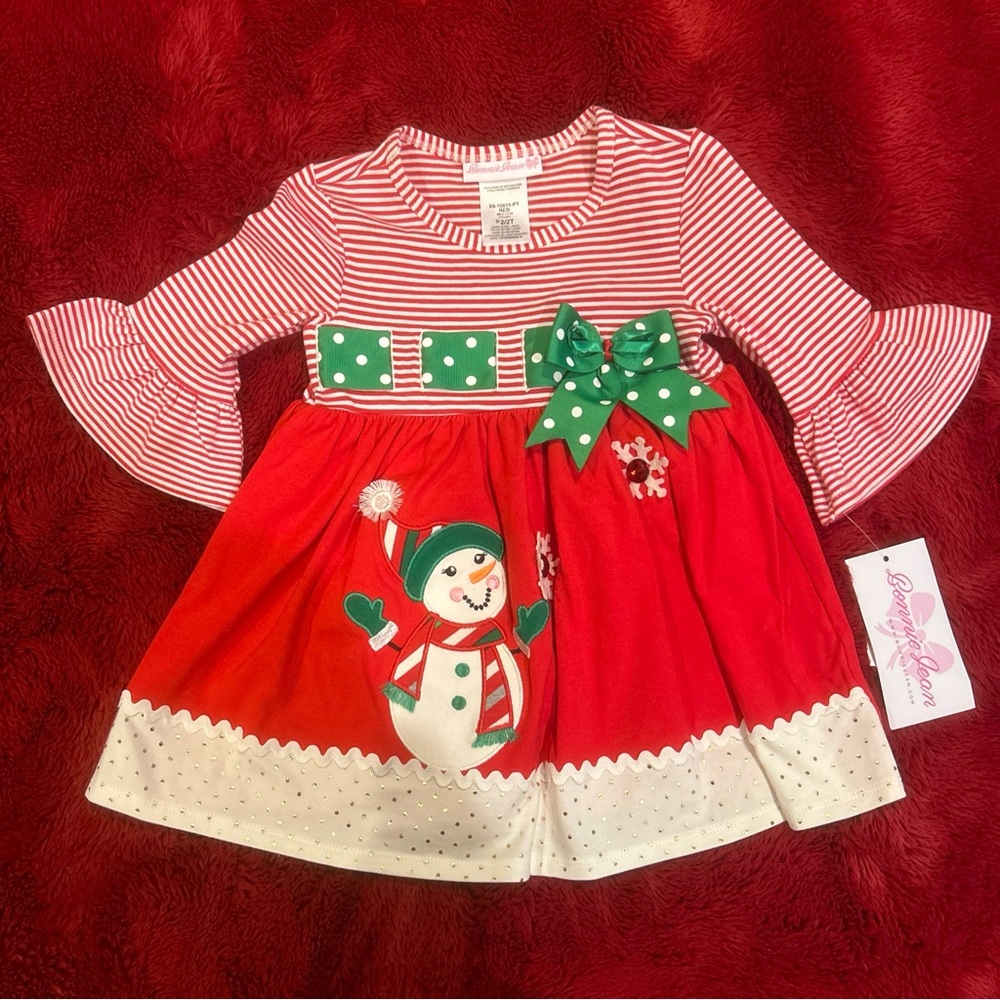 NWT Bonnie Jean 2T Christmas Dress W/ Ribbons Snowman Snowflake Santa W/ Jewels